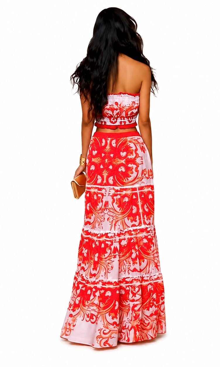 Two piece skirt set with an asymmetrical red print