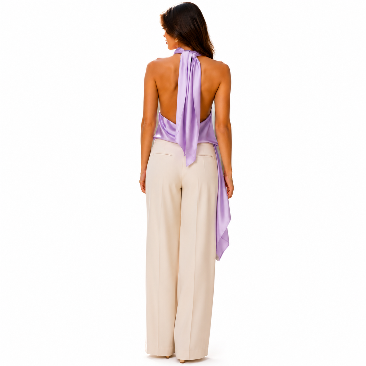 Top-Dress in lavender features a draped halter neckline and an asymmetrical hemline.