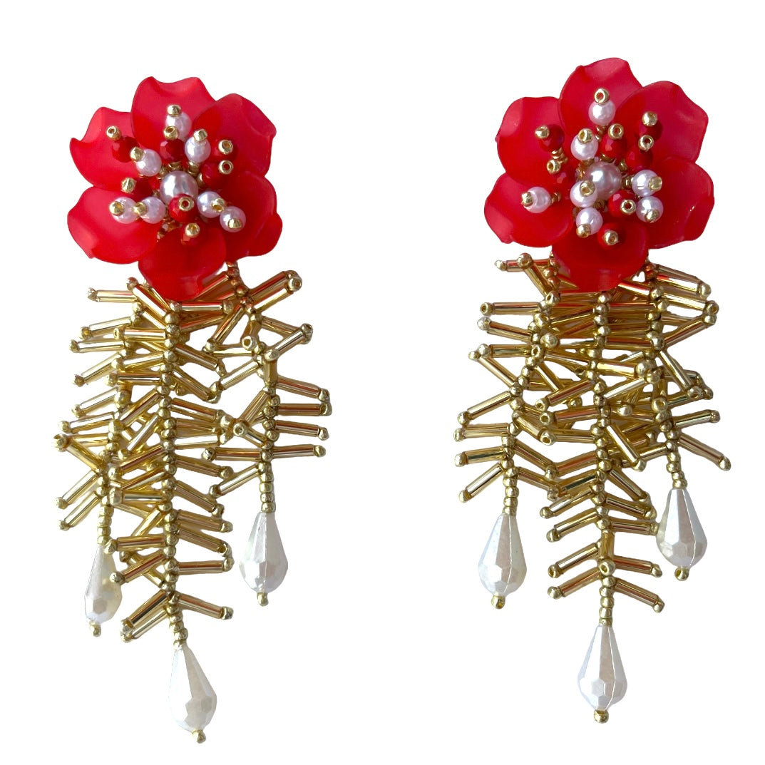 Red flower earrings with gold strips