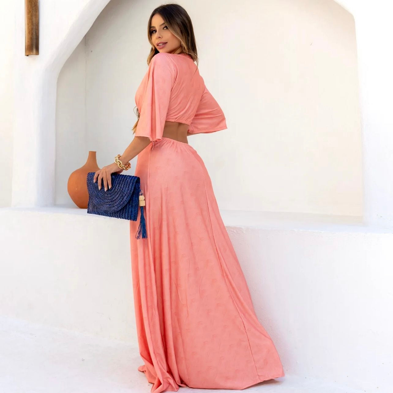01. Maxi dress, long dress in peach color. casual
