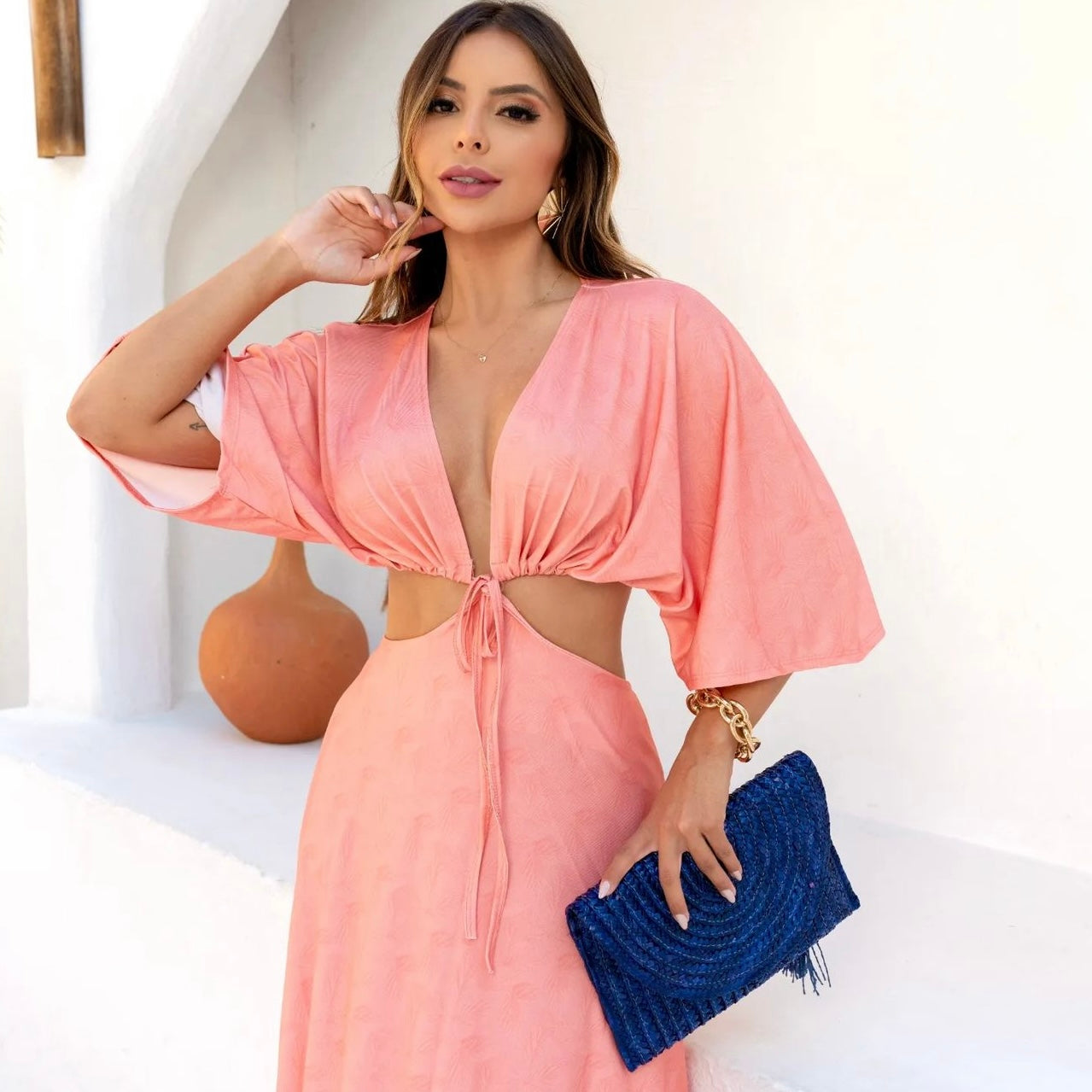01. Maxi dress, long dress in peach color. casual