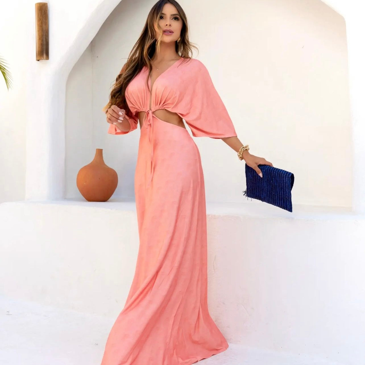 01. Maxi dress, long dress in peach color. casual