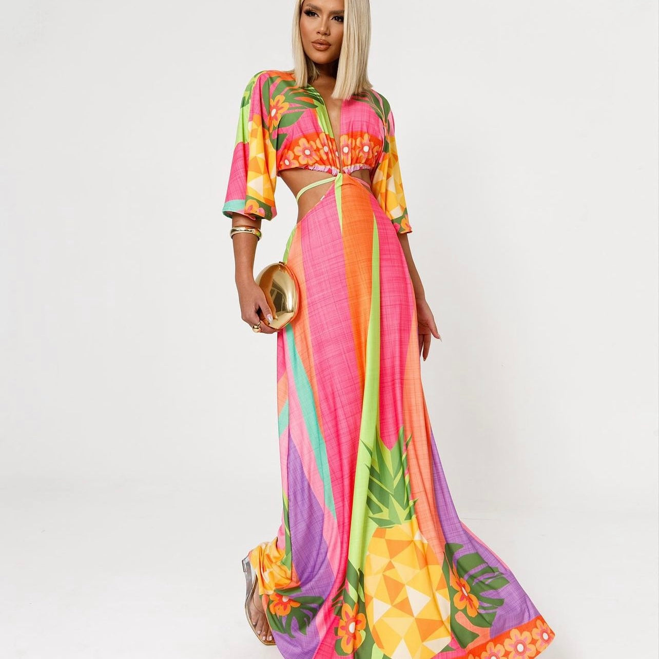 01. Maxi dress, Long dress with long sleeves, tropical design. summer, vacation, beach, resort
