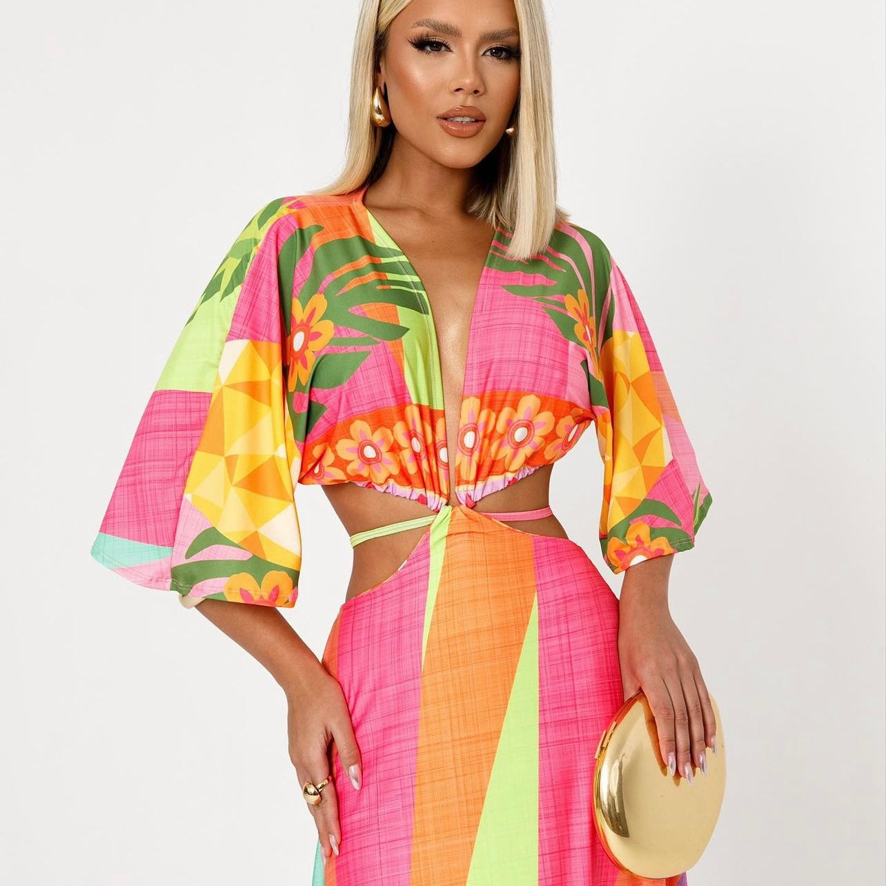 01. Maxi dress, Long dress with long sleeves, tropical design. summer, vacation, beach, resort