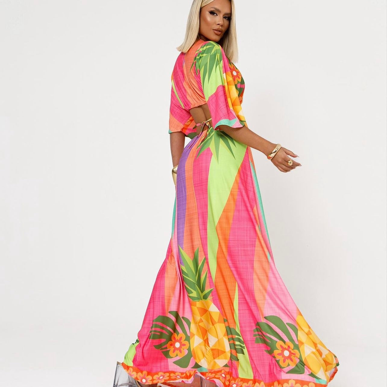 01. Maxi dress, Long dress with long sleeves, tropical design. summer, vacation, beach, resort