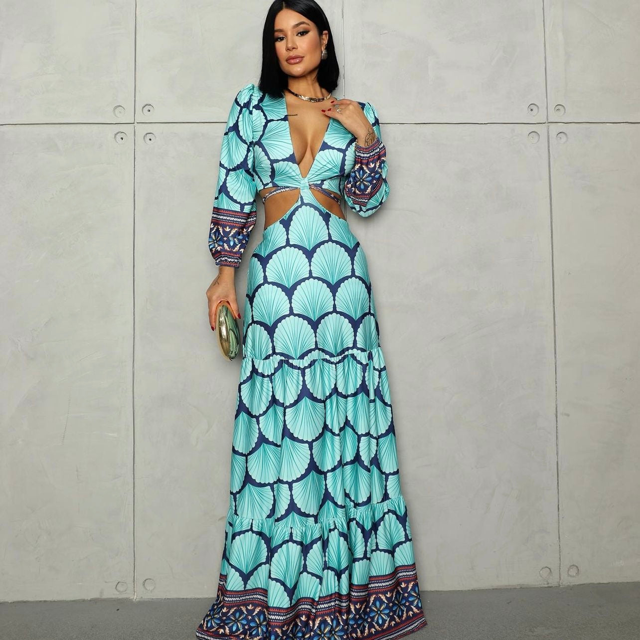 01. Maxi dress, 2 piece set with long sleeves in an asymmetrical print. elegant, summer