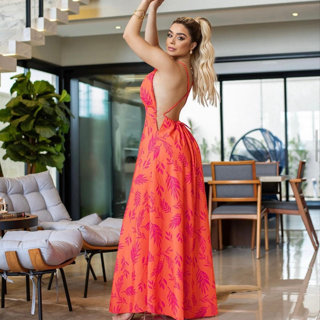 01. Maxi dress, Long dress with open back in orange. casual, resort, summer
