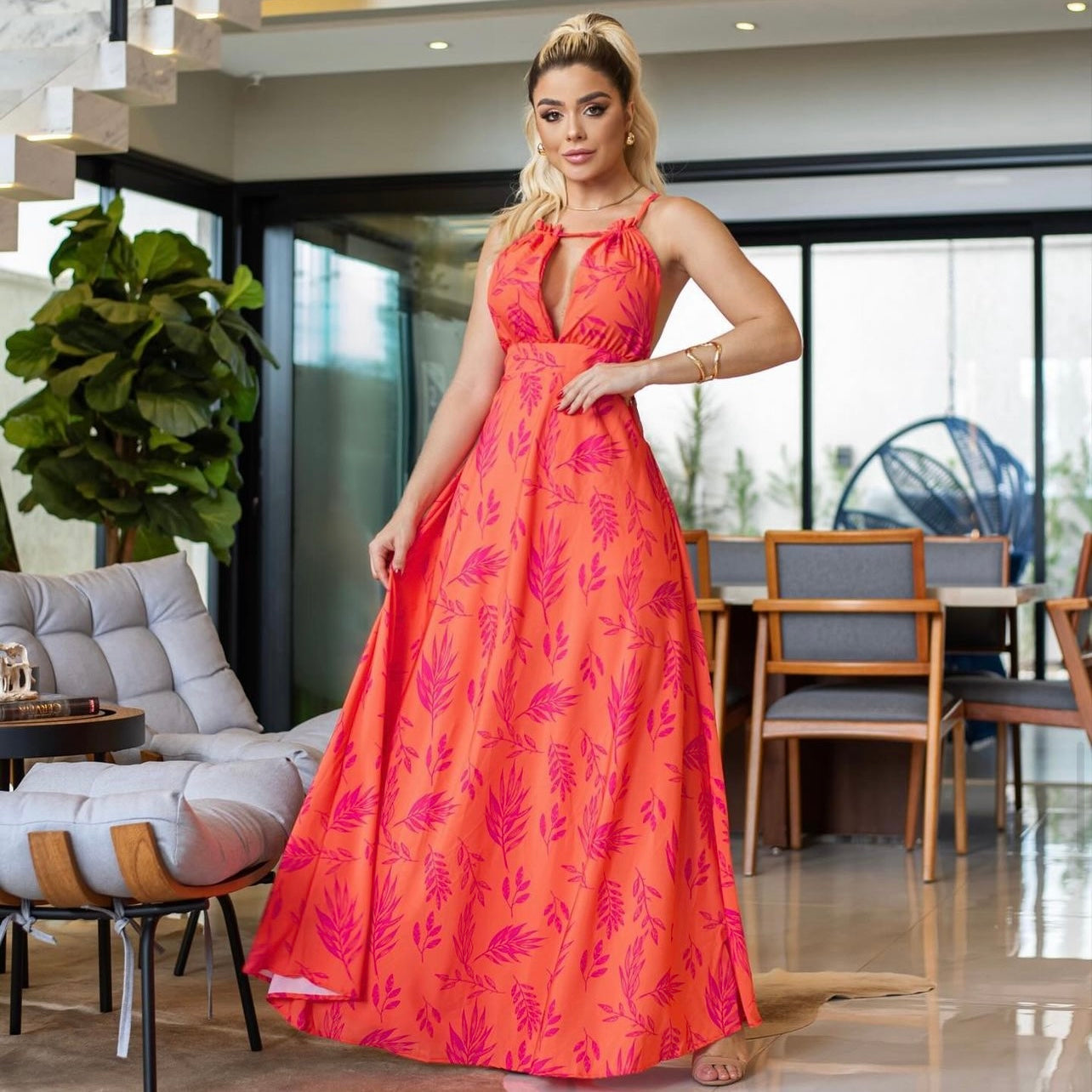 01. Maxi dress, Long dress with open back in orange. casual, resort, summer