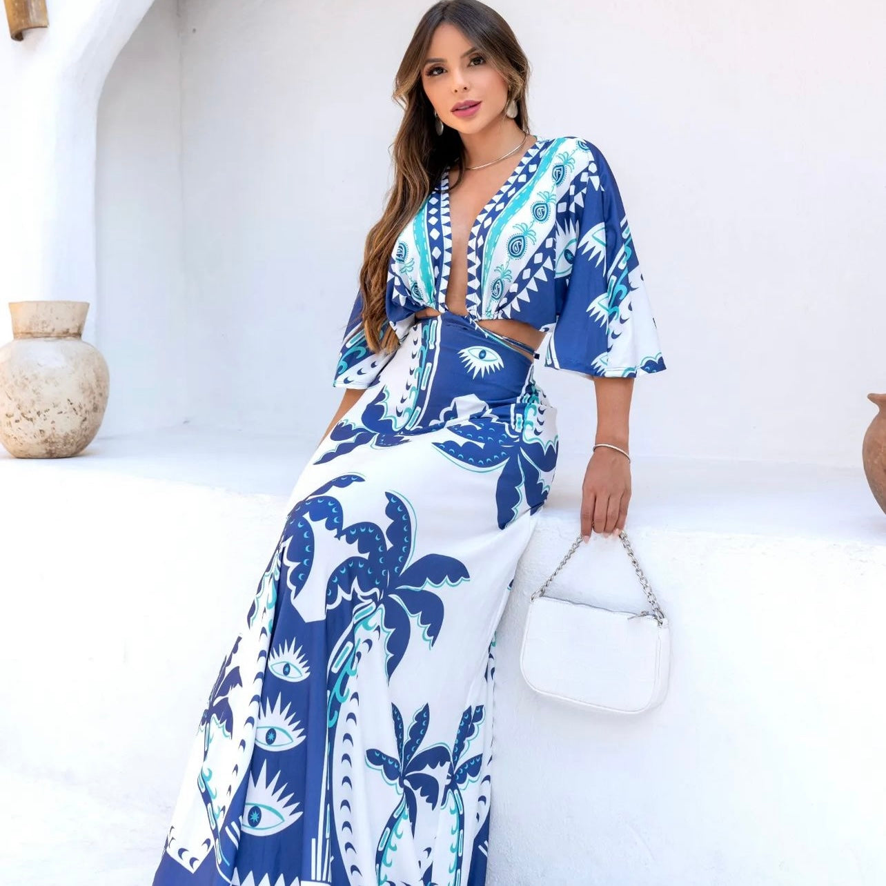 01. Maxi dress, long dress with long sleeves with blue print. beach, summer, resort