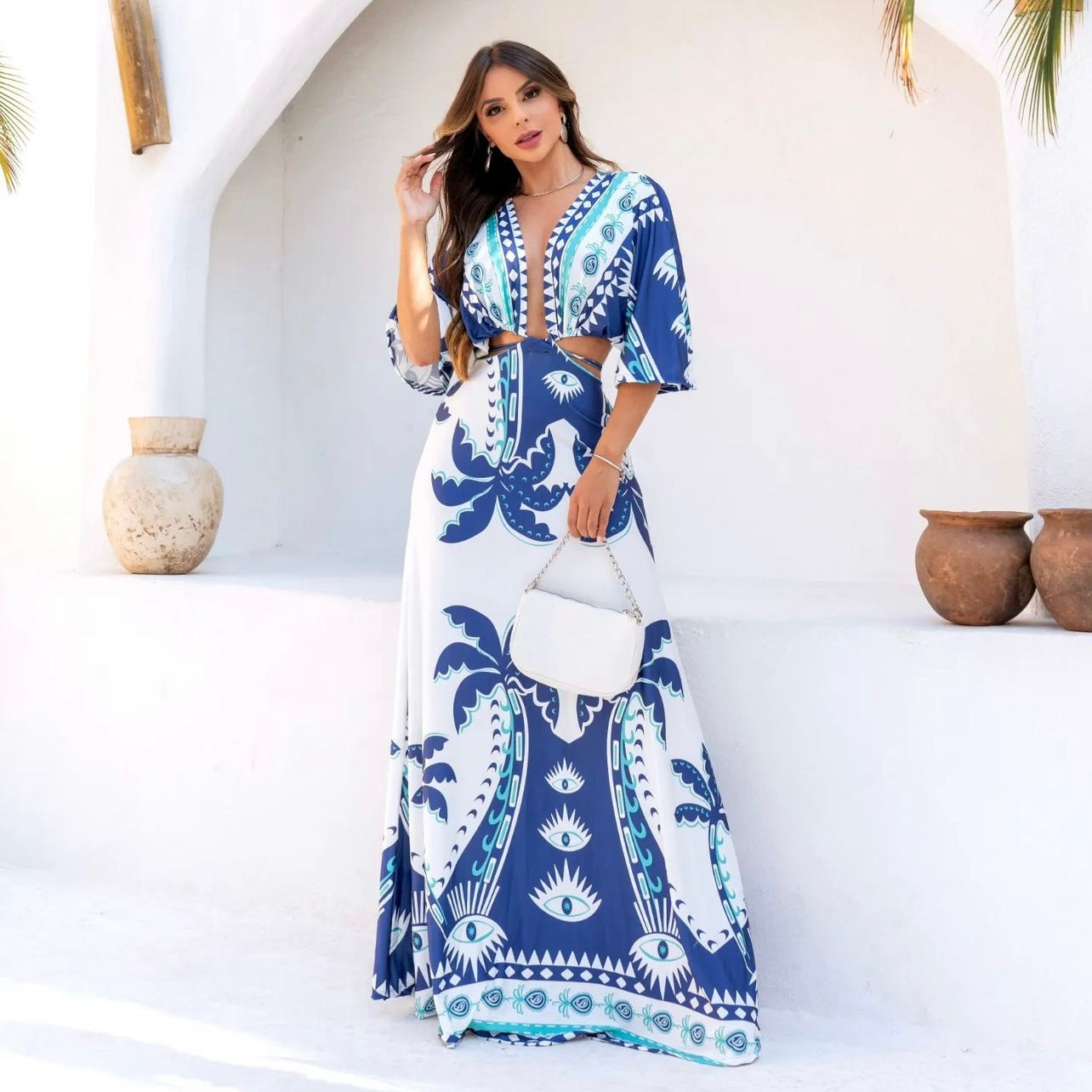 01. Maxi dress, long dress with long sleeves with blue print. beach, summer, resort