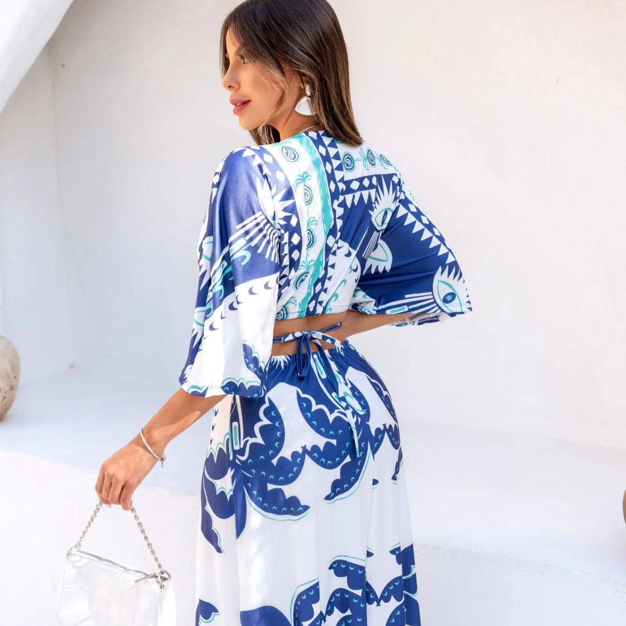 01. Maxi dress, long dress with long sleeves with blue print. beach, summer, resort