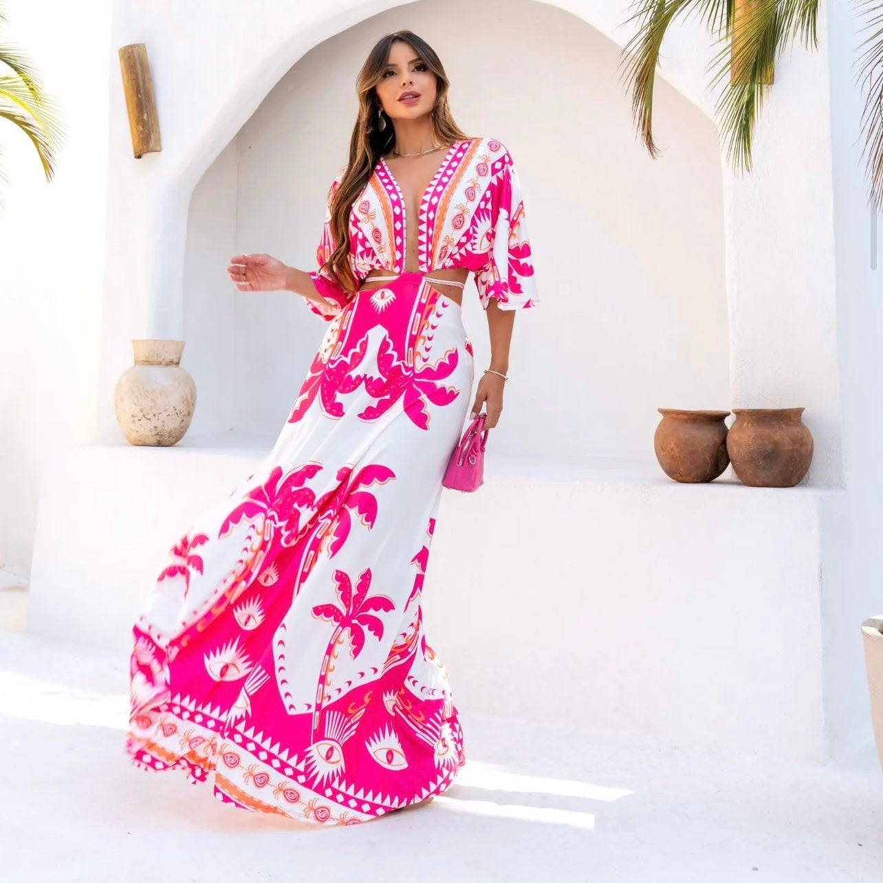 01. Maxi dress,long dress with long sleeves with pink print. beach, vacation, resort, special day, summer