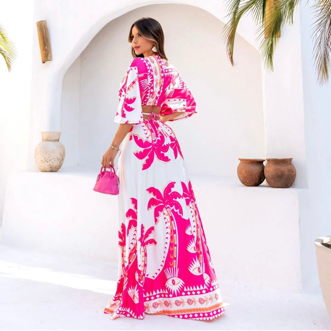 01. Maxi dress,long dress with long sleeves with pink print. beach, vacation, resort, special day, summer