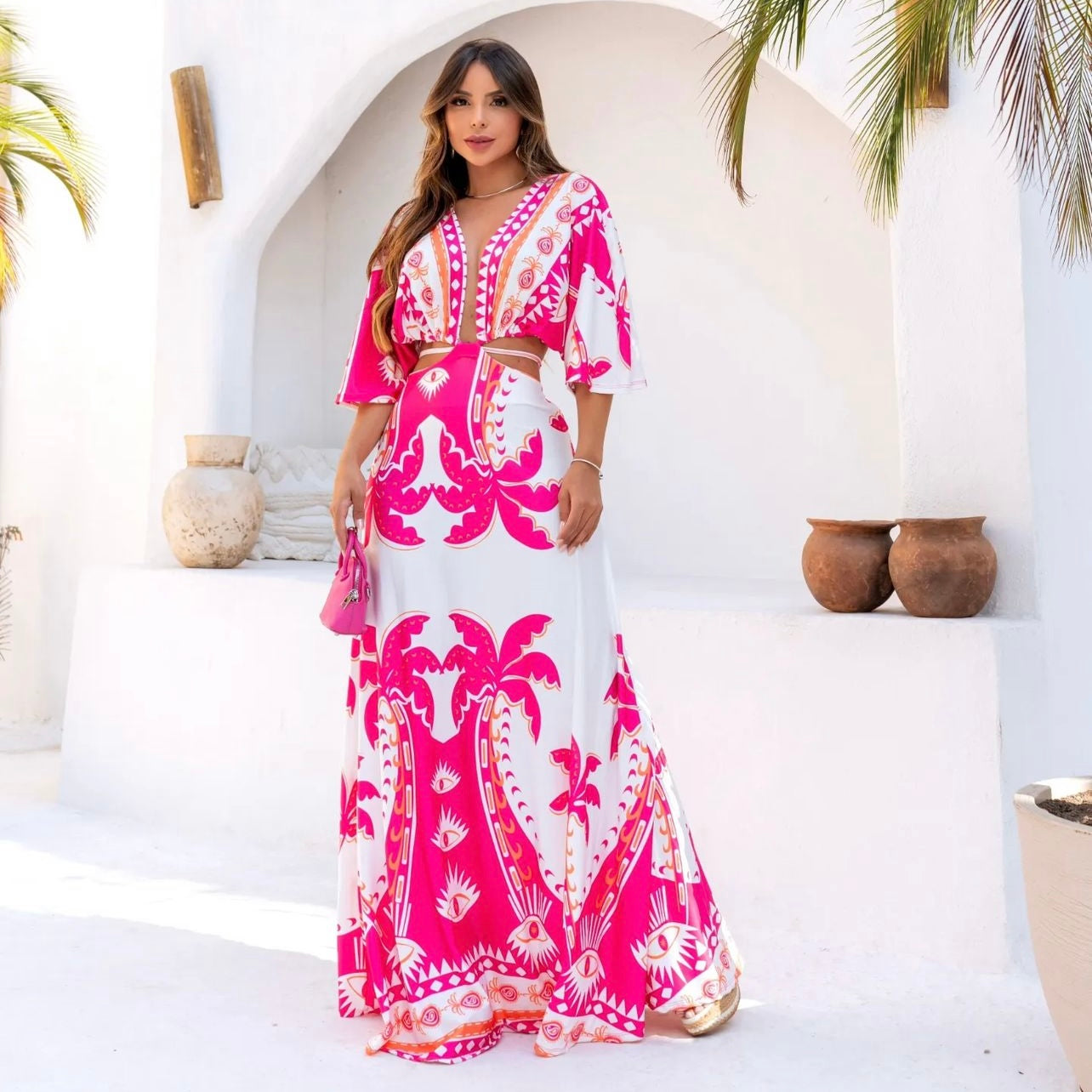 01. Maxi dress,long dress with long sleeves with pink print. beach, vacation, resort, special day, summer