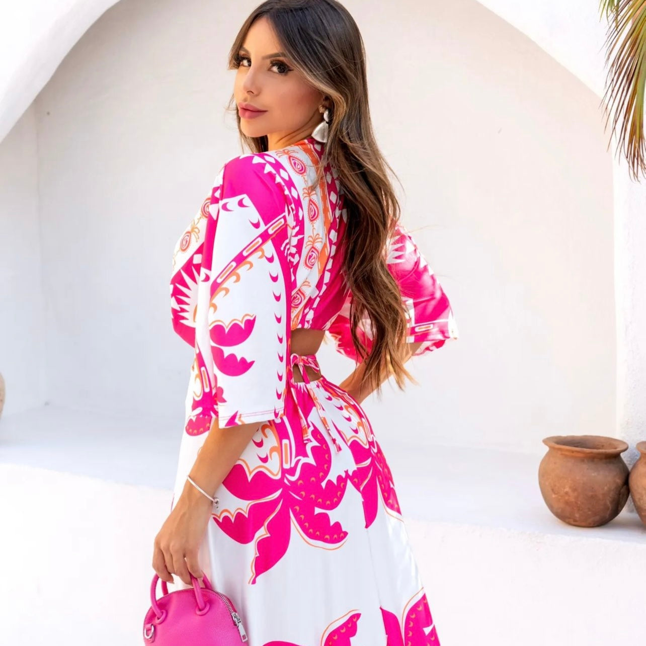 01. Maxi dress,long dress with long sleeves with pink print. beach, vacation, resort, special day, summer