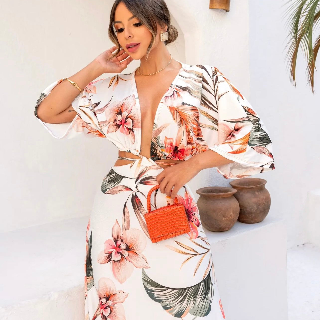 01. Maxi dress, long dress with long sleeves with beige flower print. special day, summer