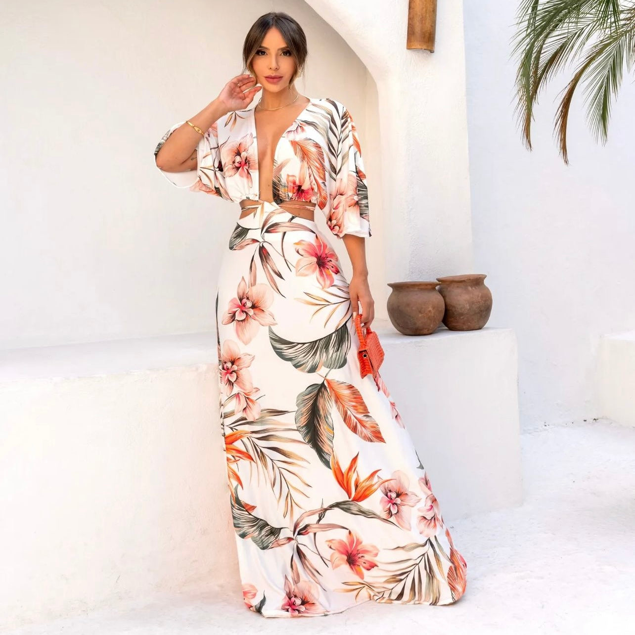 01. Maxi dress, long dress with long sleeves with beige flower print. special day, summer