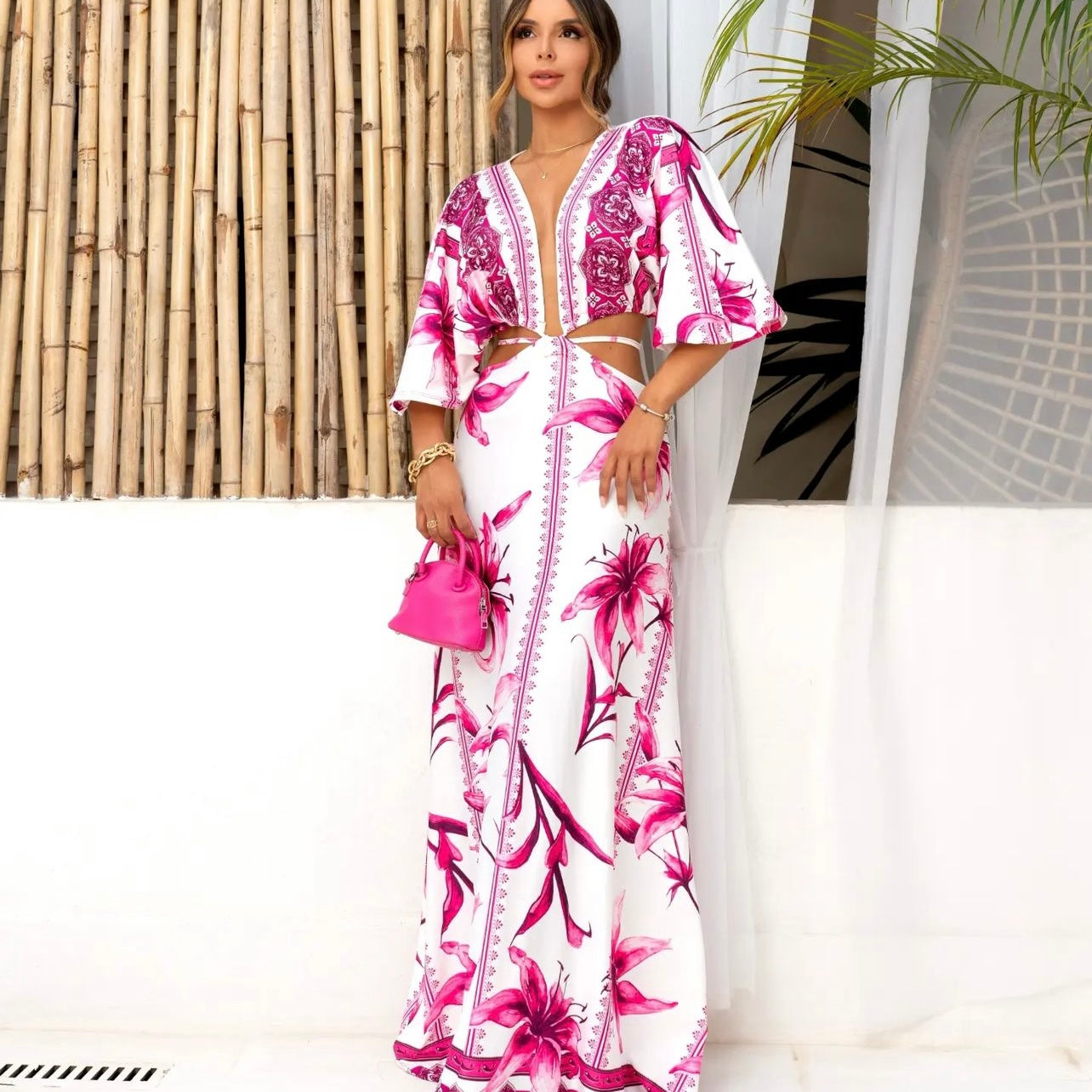 01. Maxi dress, long dress with long sleeves with pink flower print. special day, summer