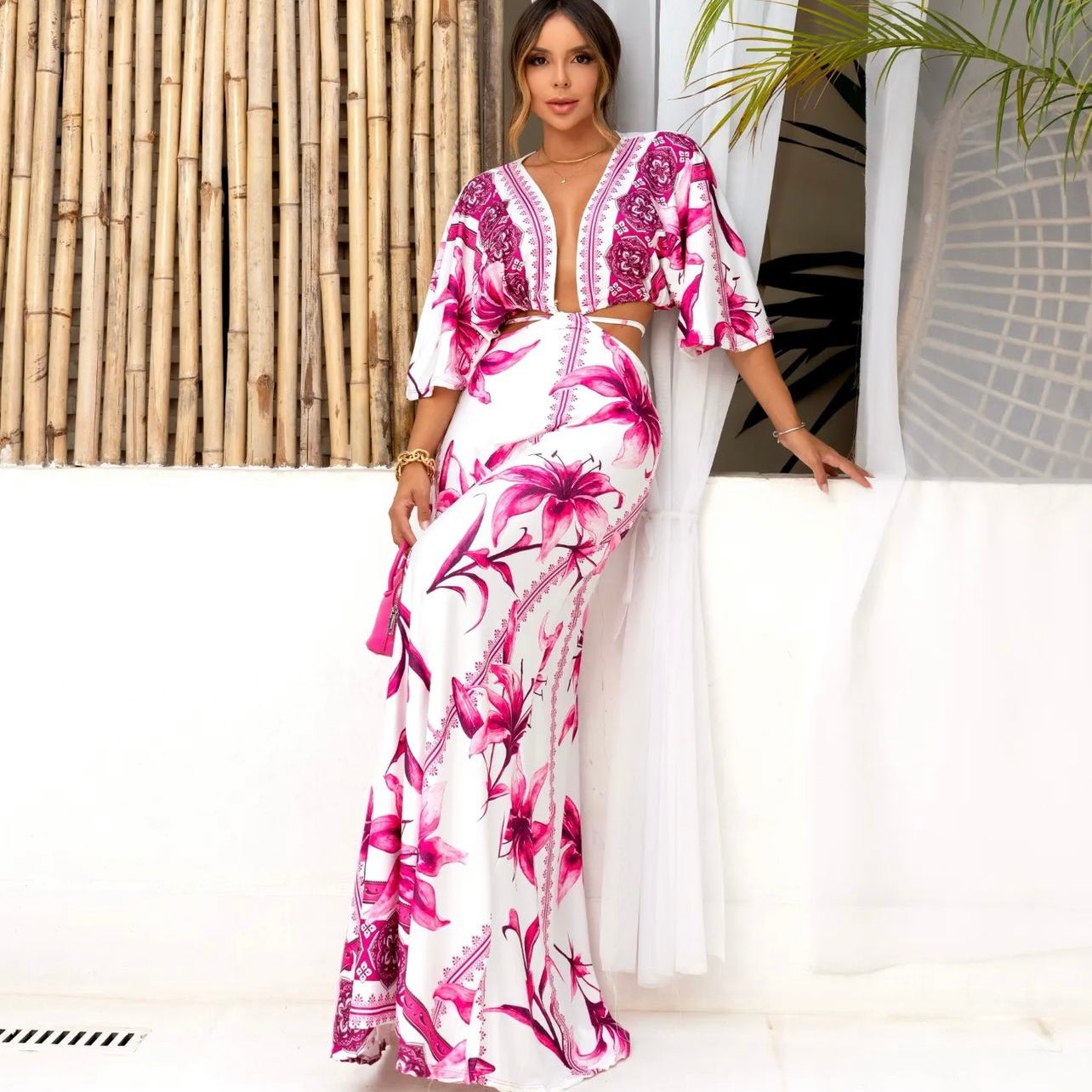 01. Maxi dress, long dress with long sleeves with pink flower print. special day, summer