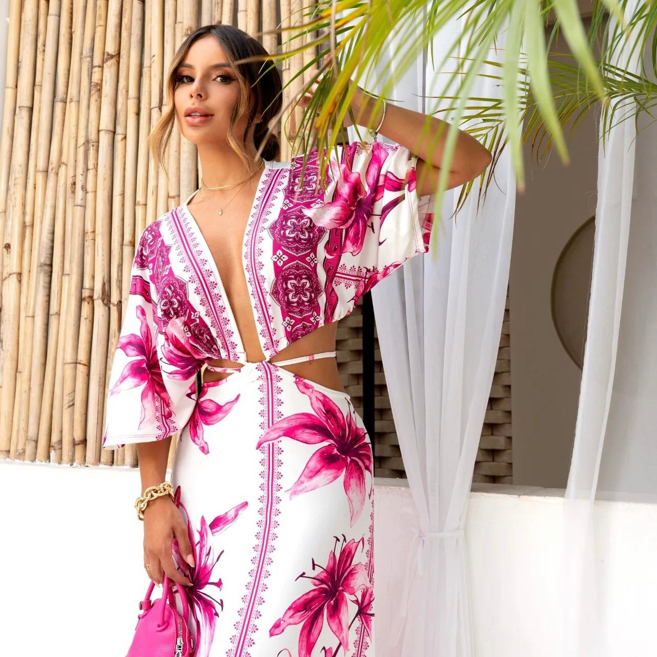 01. Maxi dress, long dress with long sleeves with pink flower print. special day, summer