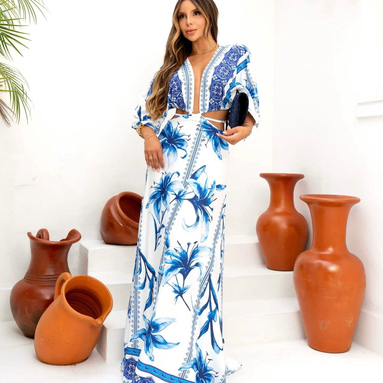 01. Maxi dress, long dress with long sleeves with blue flower print. beach, summer