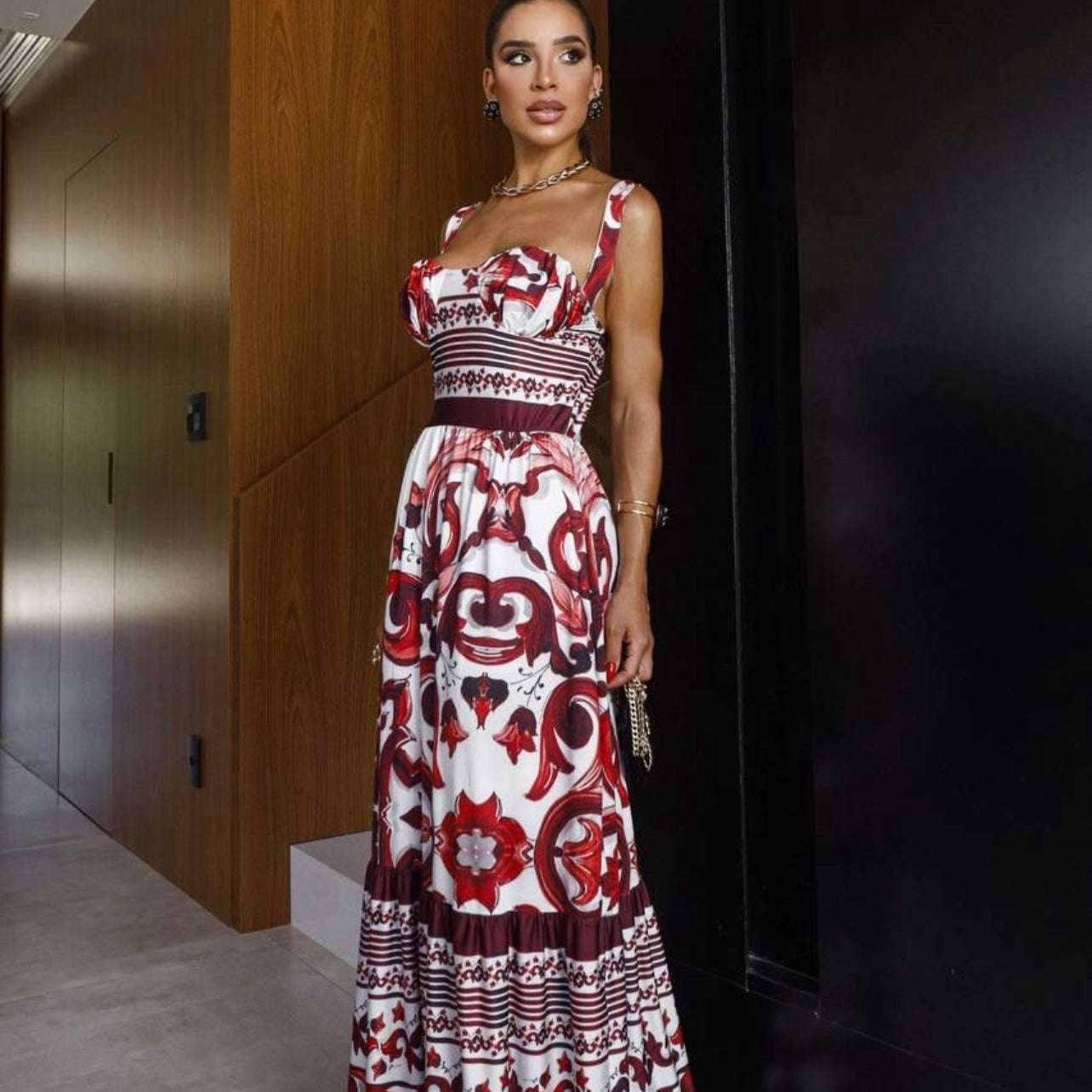 01. maxi dress long dress with red mediterranean print. specail day, vacation, summer, italy