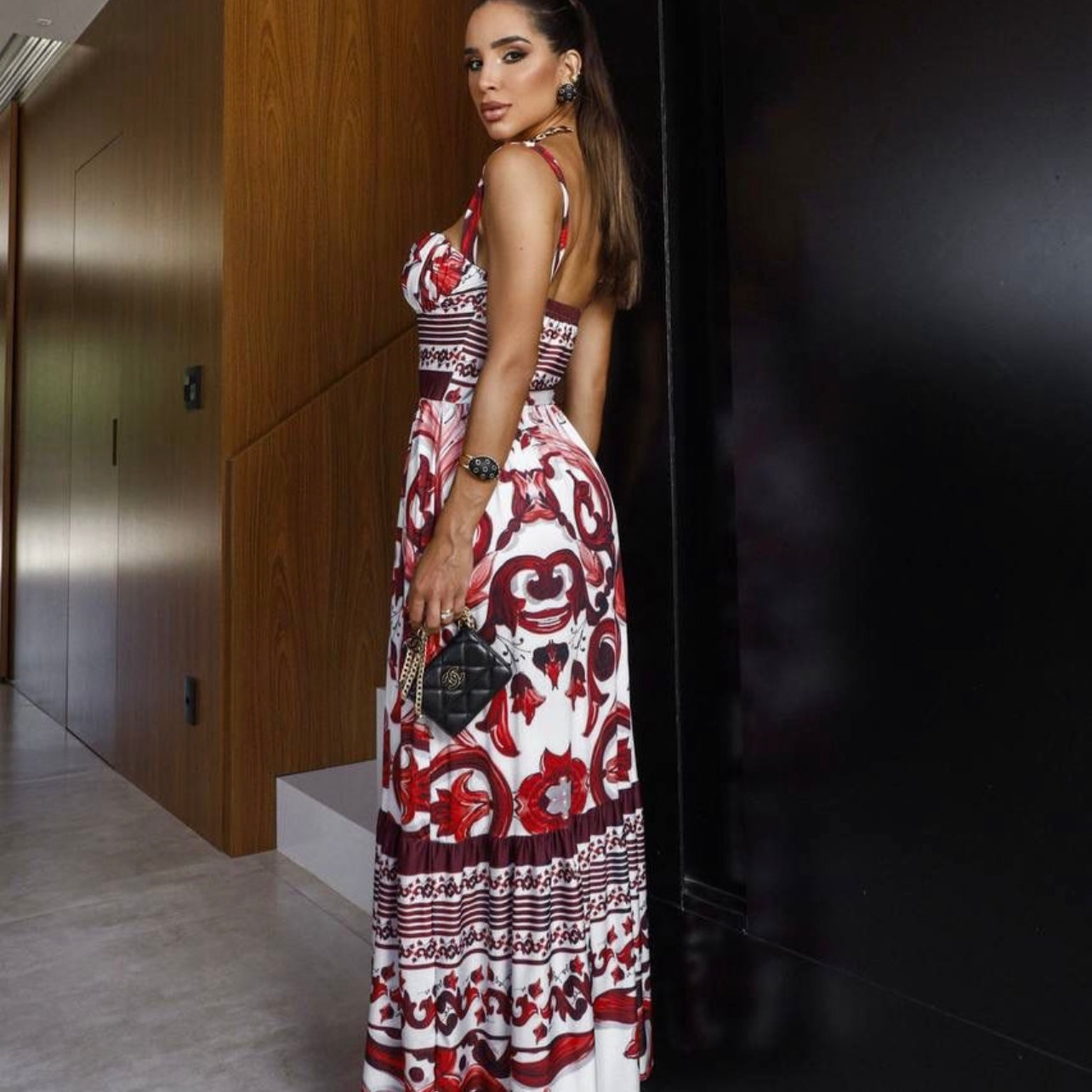 01. maxi dress long dress with red mediterranean print. specail day, vacation, summer, italy