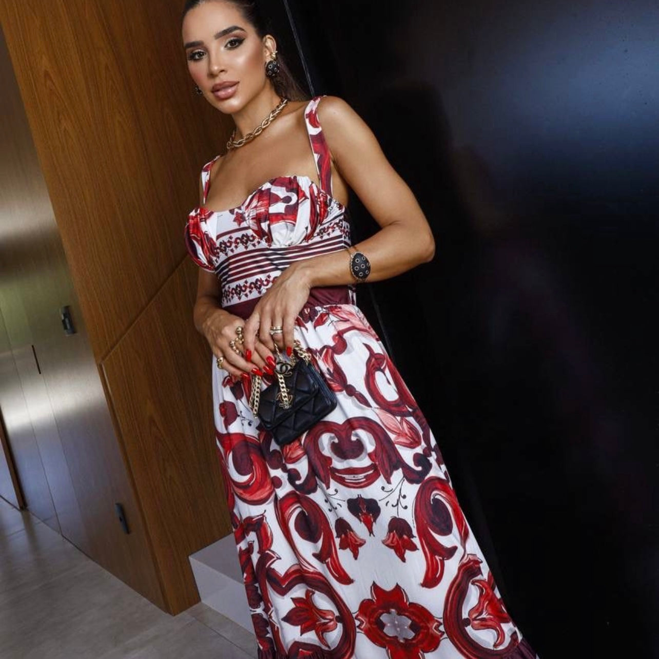 01. maxi dress long dress with red mediterranean print. specail day, vacation, summer, italy