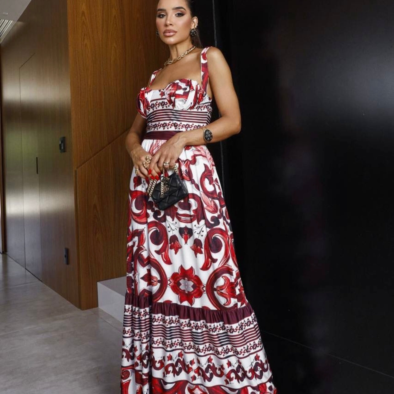 01. maxi dress long dress with red mediterranean print. specail day, vacation, summer, italy