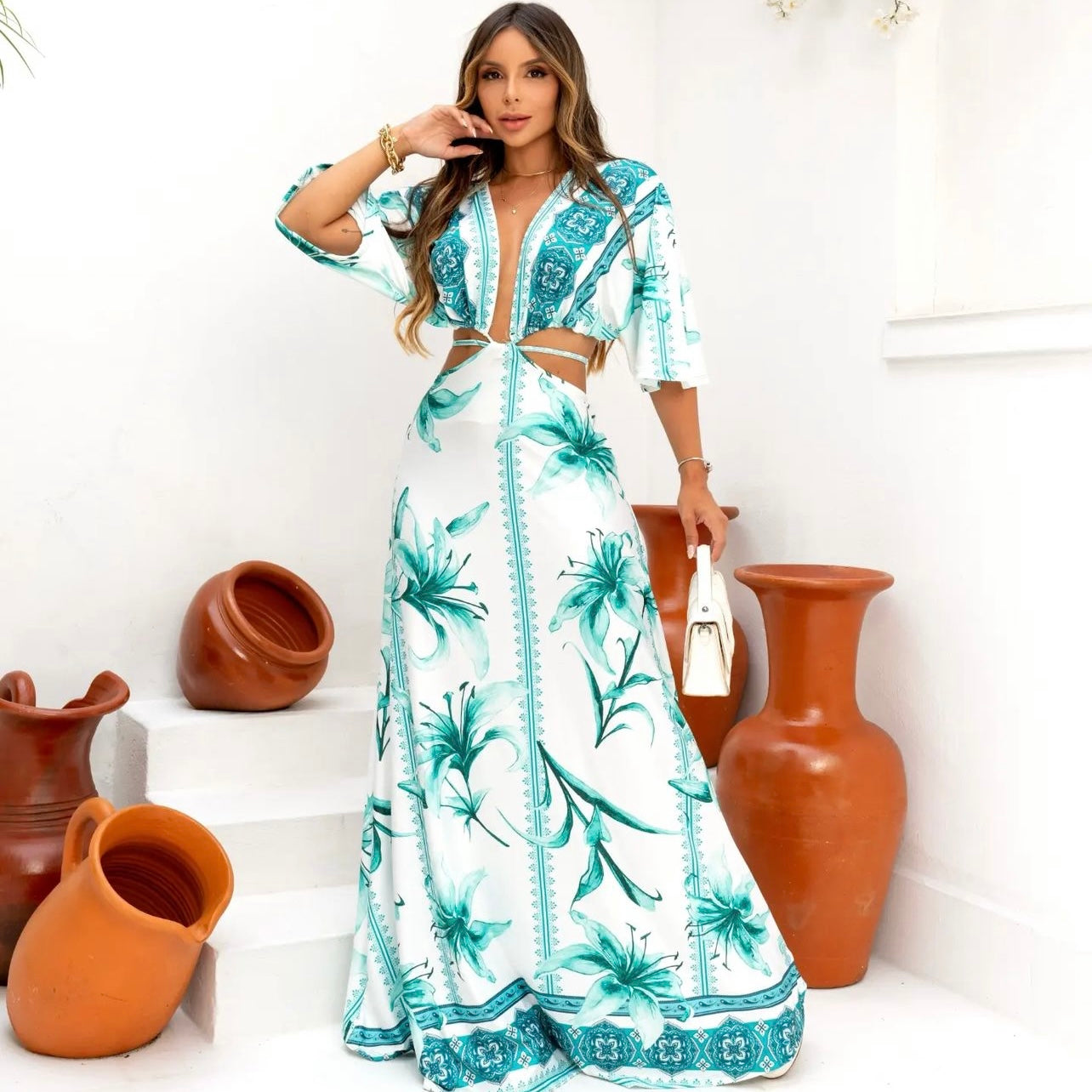 01. Maxi dress, long dress with long sleeves with green flower print. summer, beach