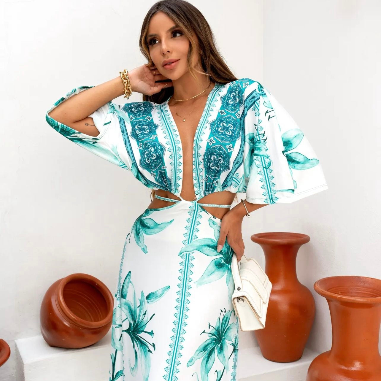 01. Maxi dress, long dress with long sleeves with green flower print. summer, beach