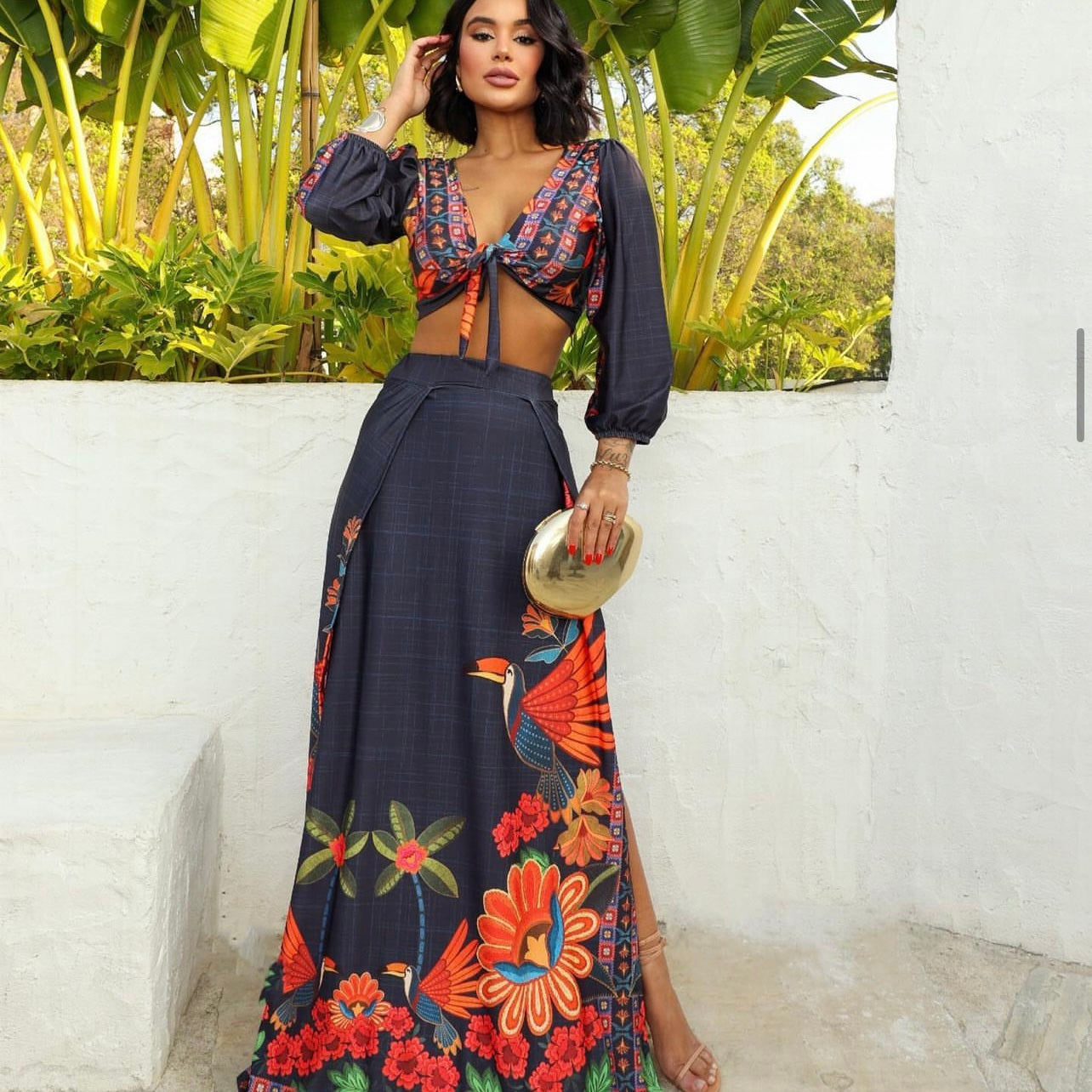 01. 2-piece skirt set, blue and floral print. vacation, resort, special day, summer