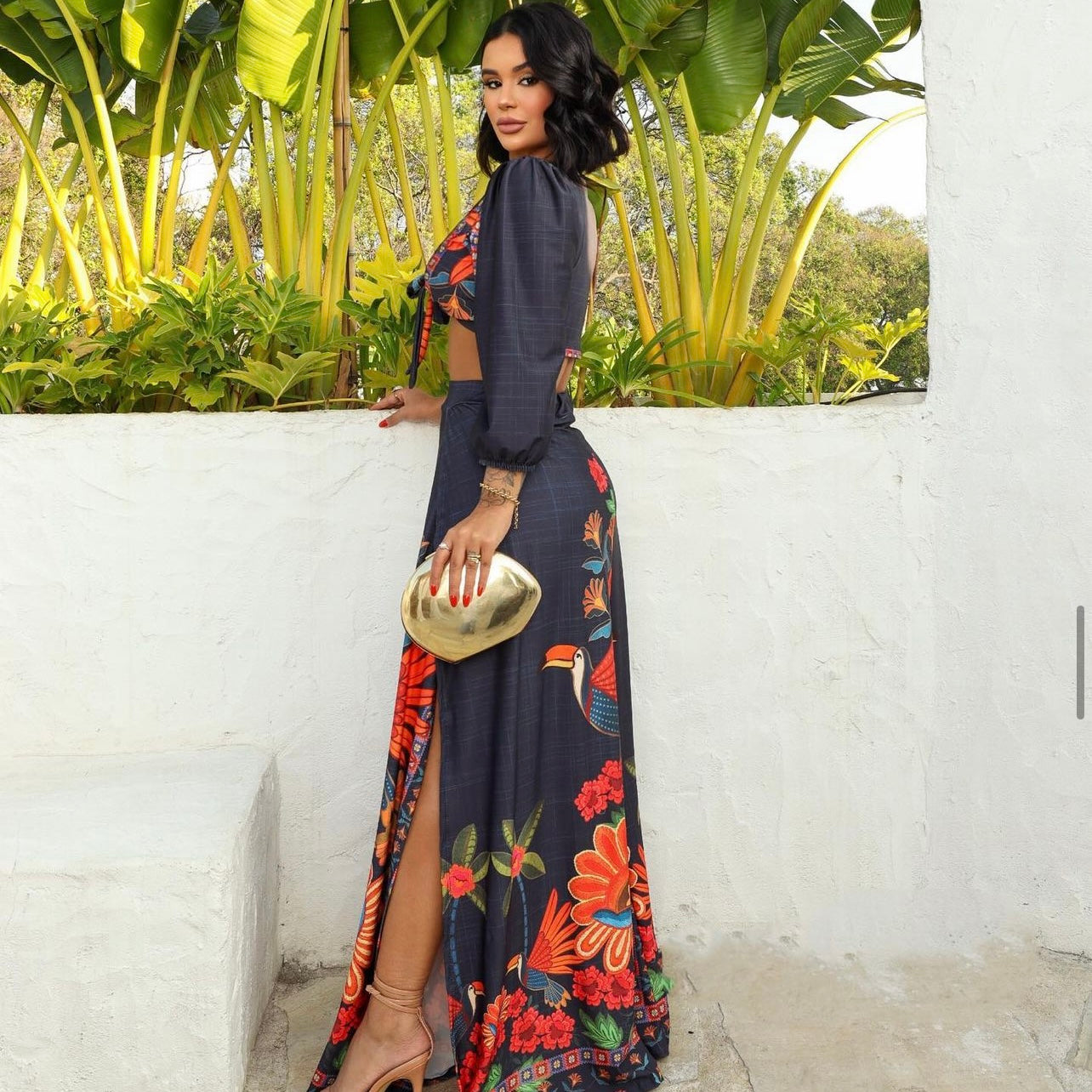 01. 2-piece skirt set, blue and floral print. vacation, resort, special day, summer