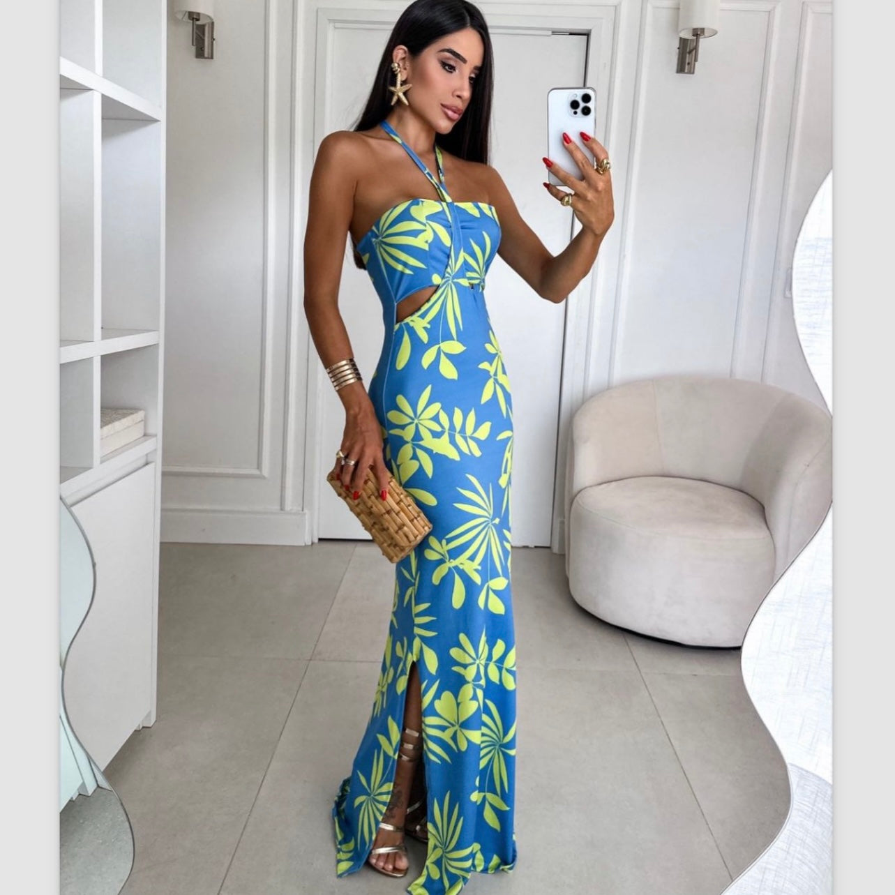 01. maxi dress, long dress with green floral print. vacation, special day, summer
