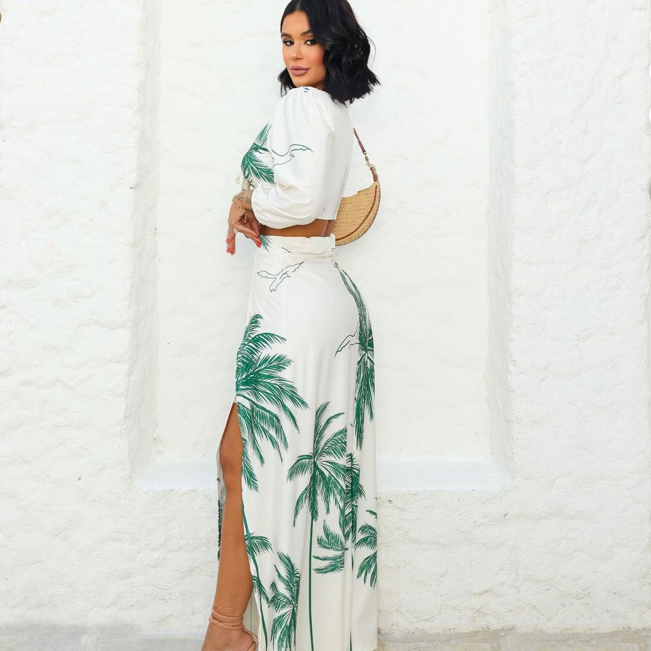 01. 2-piece set in white skirt with leaf print. vacation, casual, beach, summer