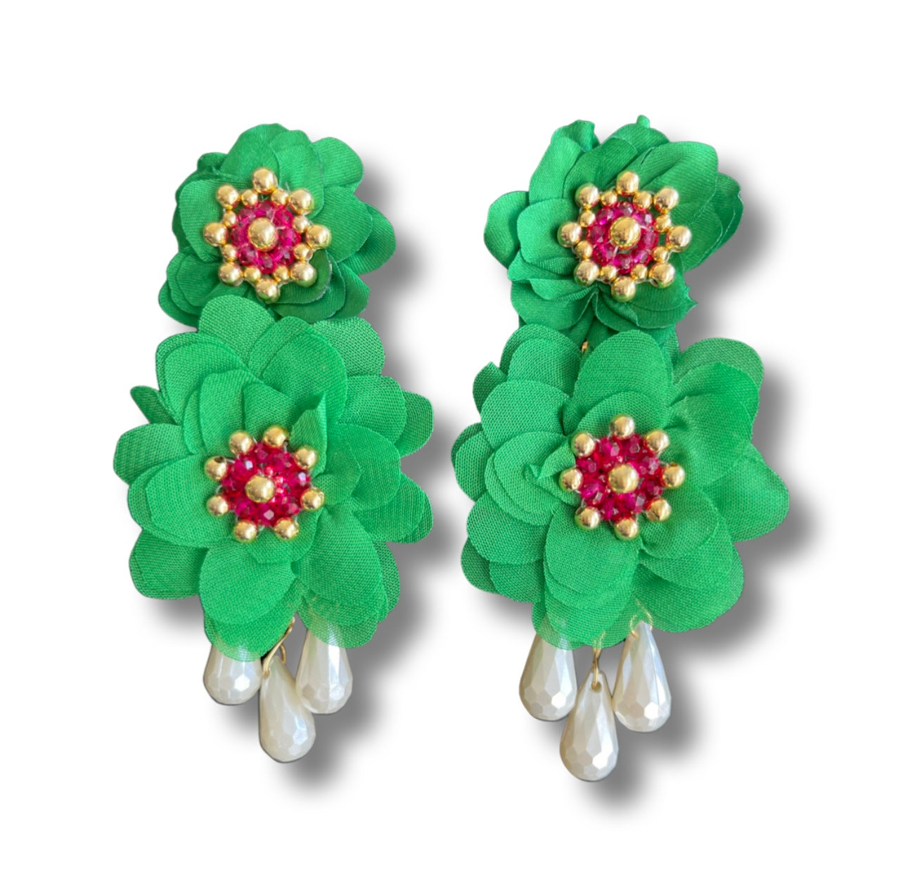 03. Green and gold silk flower earrings