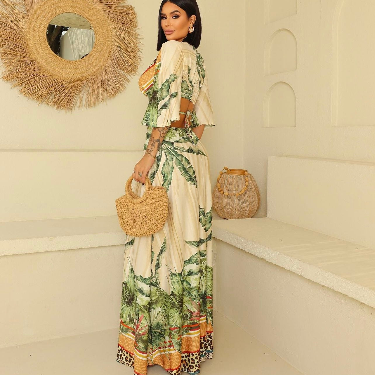 01. Maxi dress, long dress with long sleeves. in tropical and leopard print, special day, vacation, resort wear