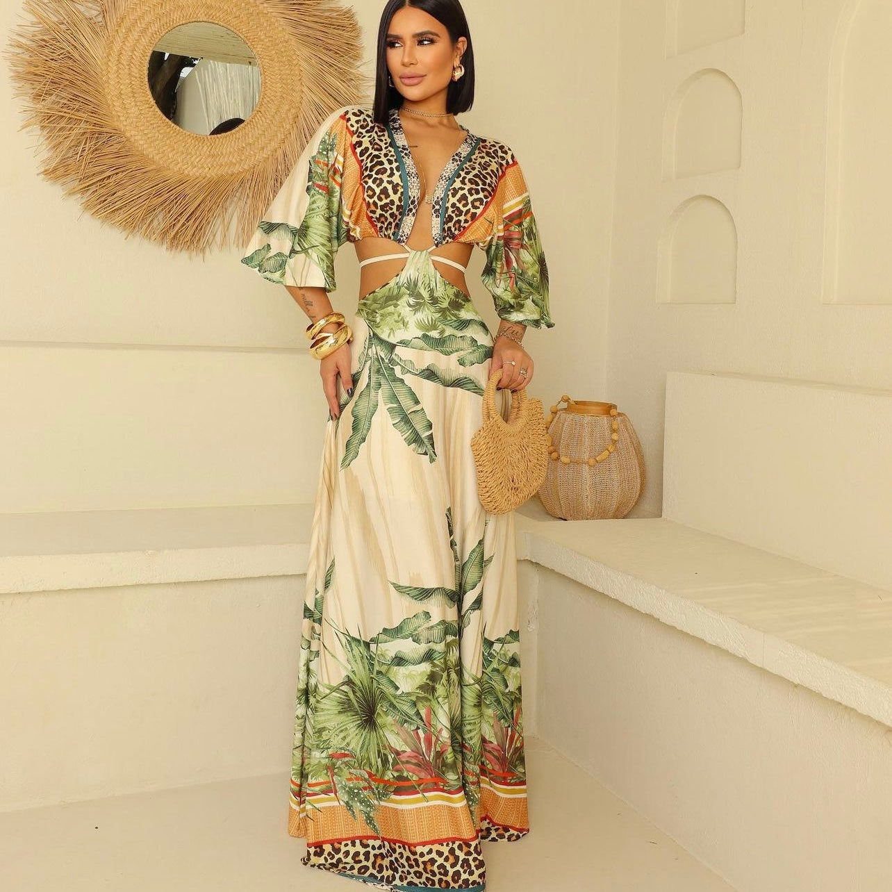 01. Maxi dress, long dress with long sleeves. in tropical and leopard print, special day, vacation, resort wear