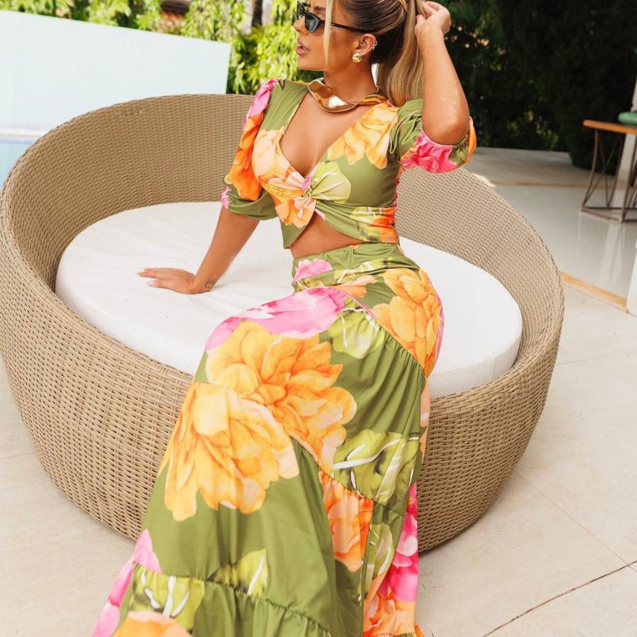 01. Maxi dress, 2-piece set with long skirt, green color with floral print. vacation, special day, resort wear