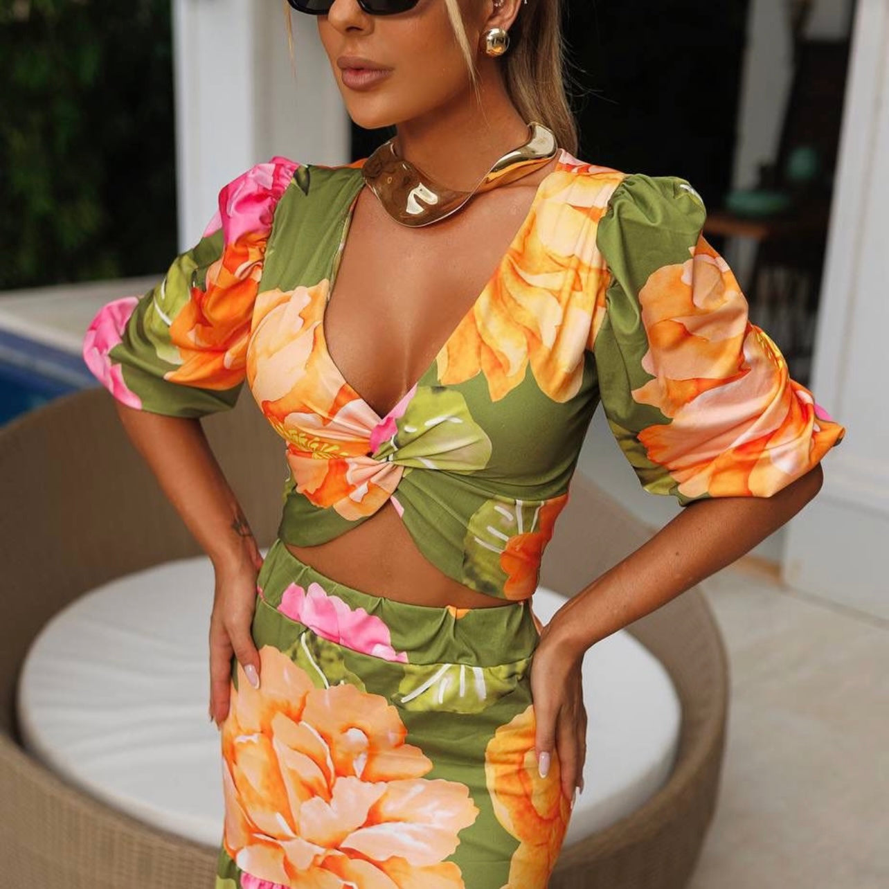 01. Maxi dress, 2-piece set with long skirt, green color with floral print. vacation, special day, resort wear