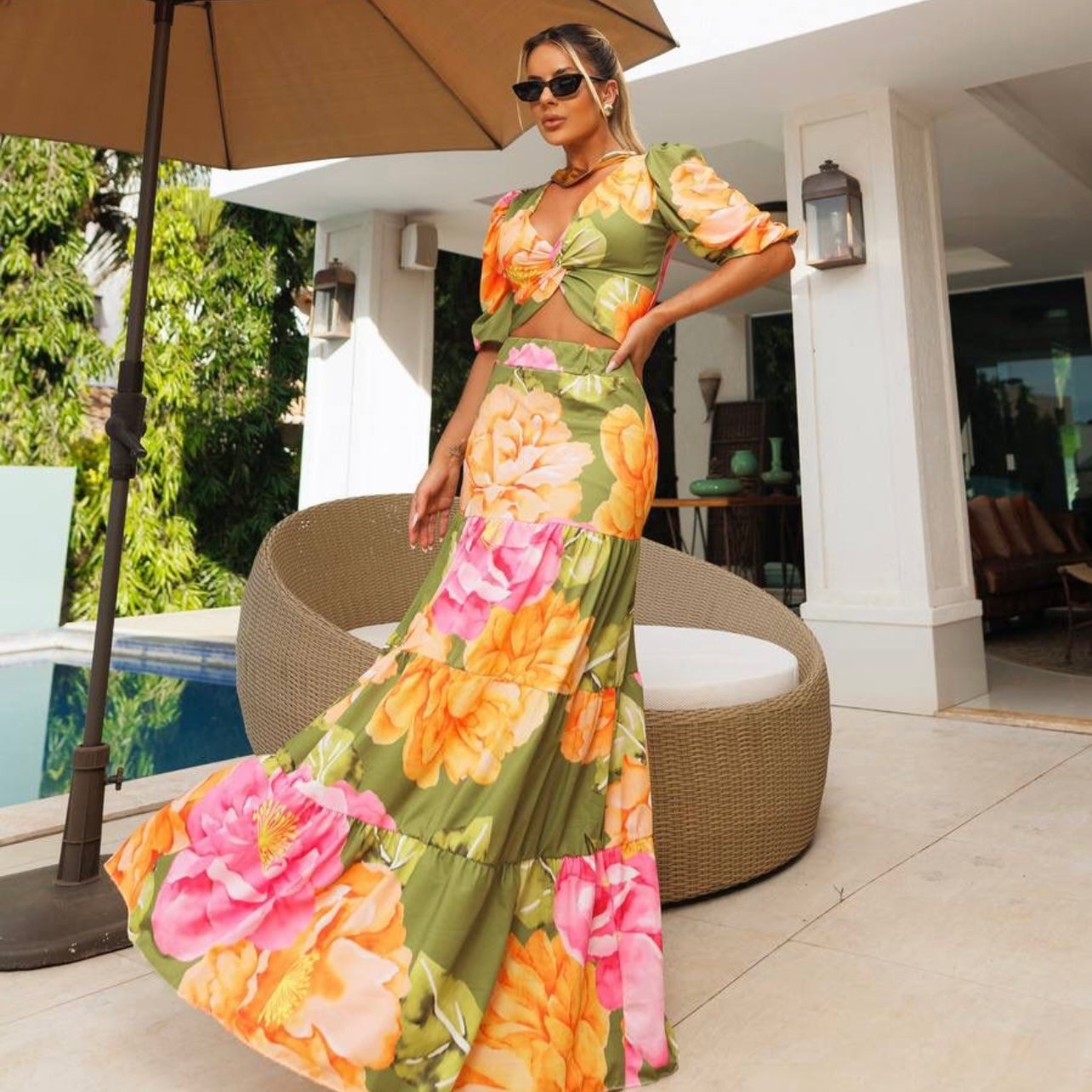 01. Maxi dress, 2-piece set with long skirt, green color with floral print. vacation, special day, resort wear