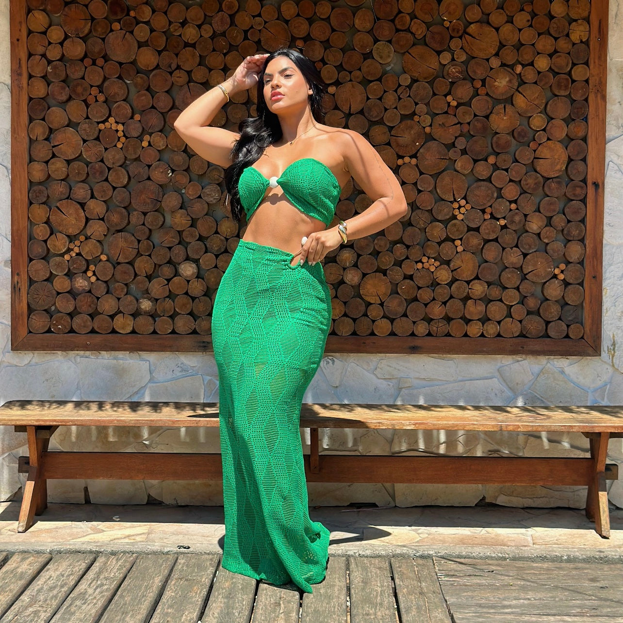 01. Maxi dress, 2-piece set with long skirt and straple, green color, resort wear, vacations