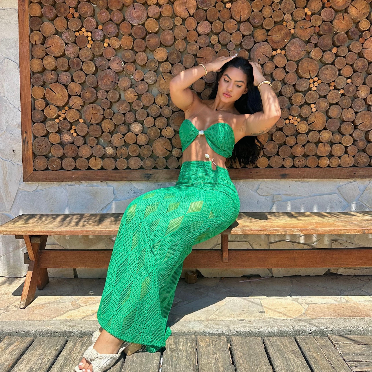 01. Maxi dress, 2-piece set with long skirt and straple, green color, resort wear, vacations