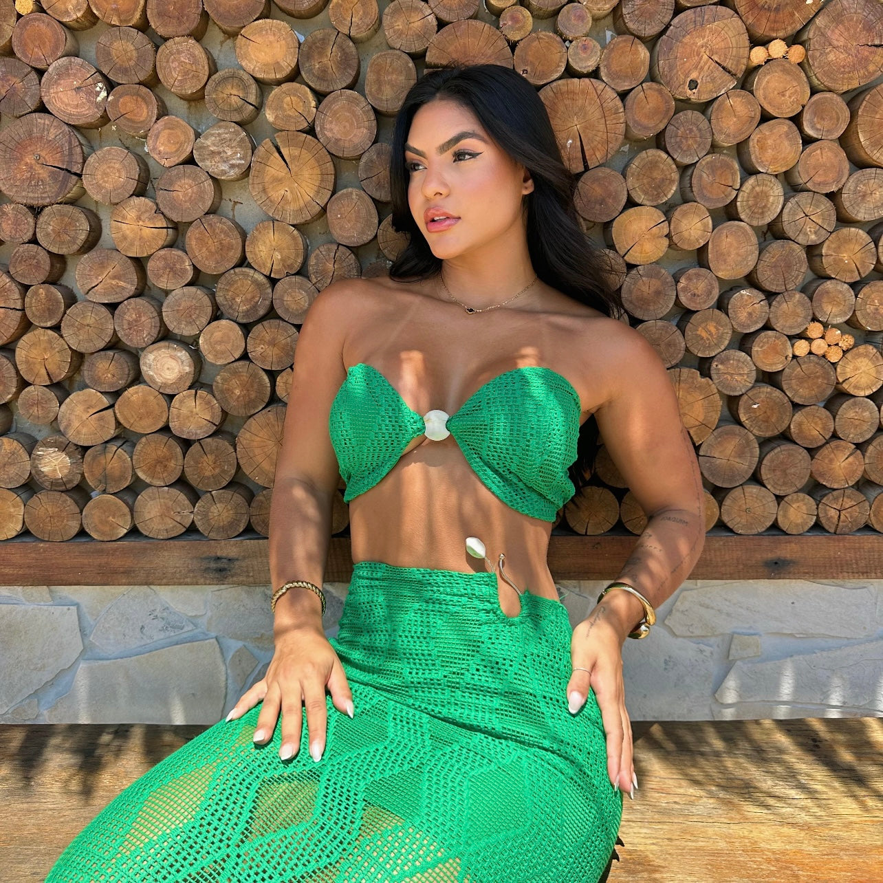 01. Maxi dress, 2-piece set with long skirt and straple, green color, resort wear, vacations