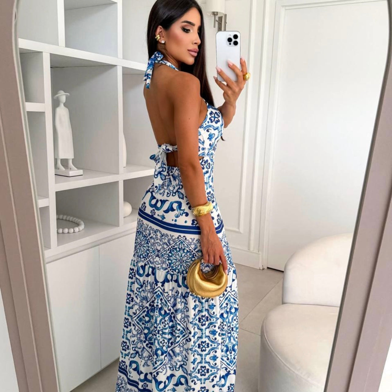 Maxi dress, blue color with Mediterranean print. special day, vacation, Italy, summer