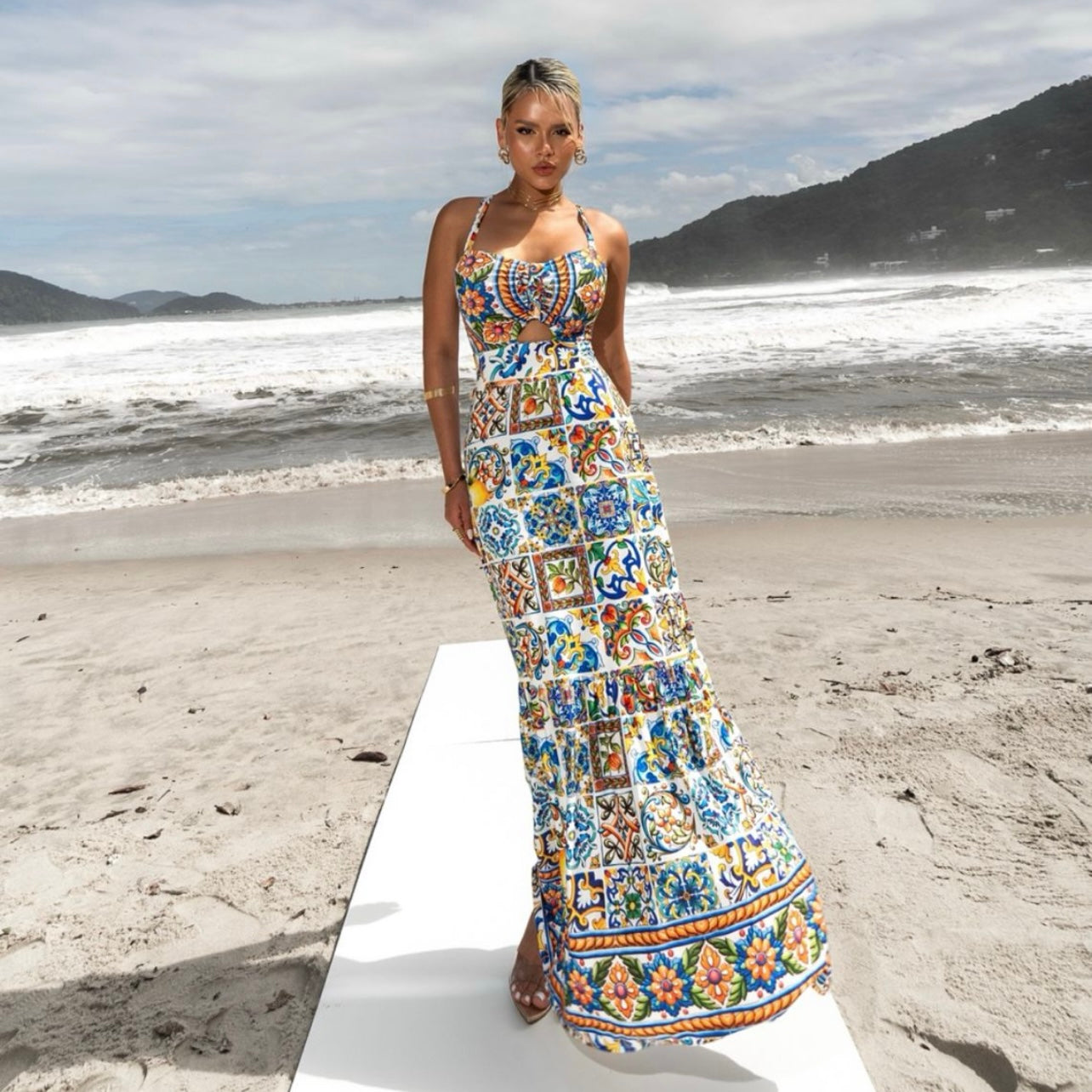 01.Maxi dress, Long dress, with straps, white color with mediterranean print. italy, vacation, summer, positano