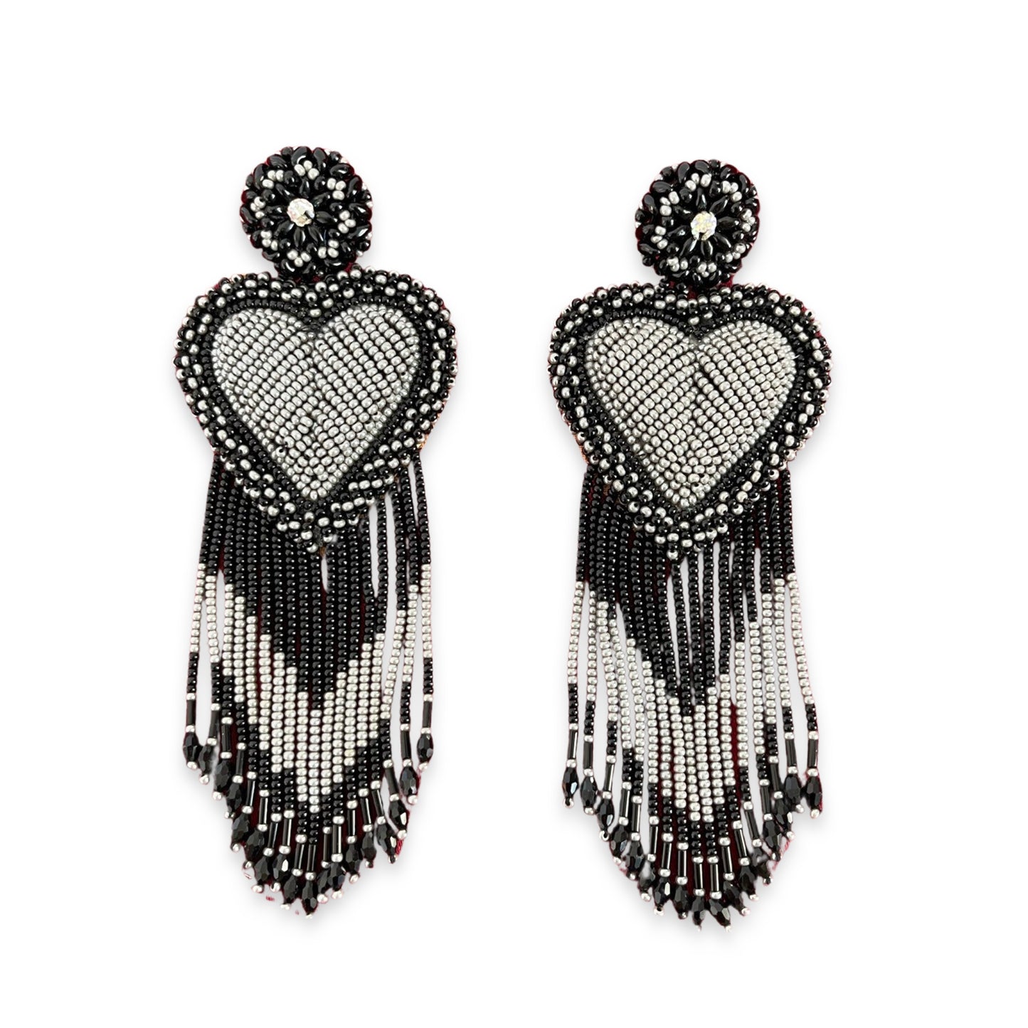 03. Elegant long silver and black heart earrings
