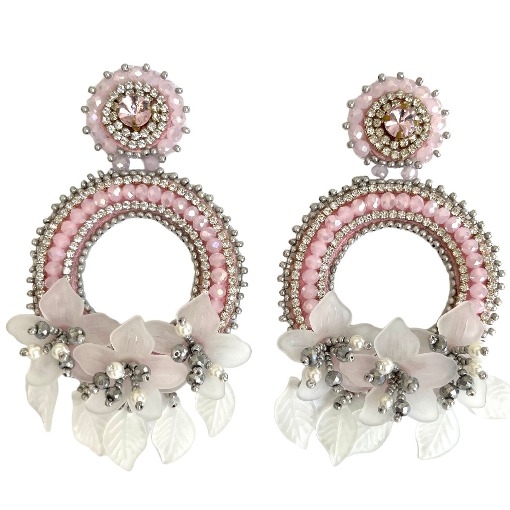 05. Round earrings with pink and silver flowers