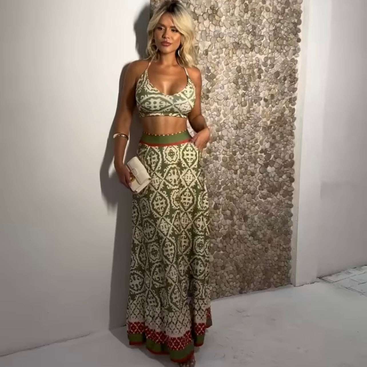 01. Maxi dress, Beige, green, red two-piece set with asymmetrical print. resort, vacation,italy