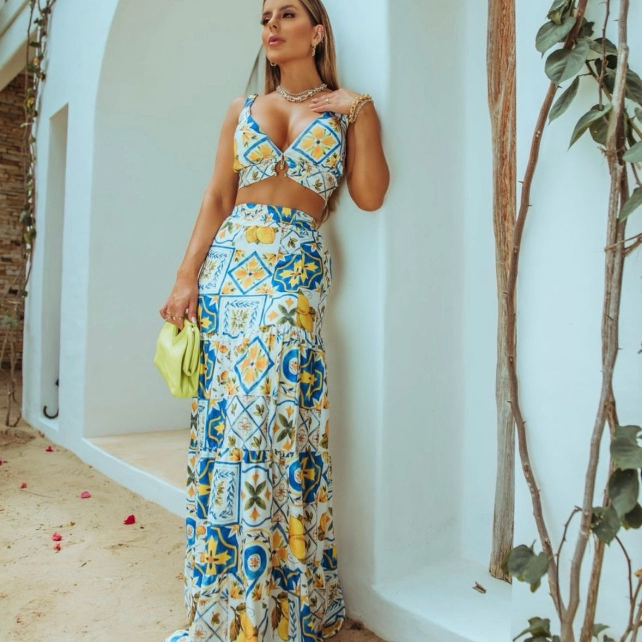 01. Maxi dress, 2-piece skirt set with Mediterranean print. special day, vacation, italy, summer